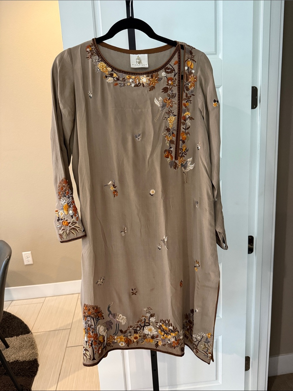 Taupe Embroidered Long-Sleeve Dress with Floral Detail